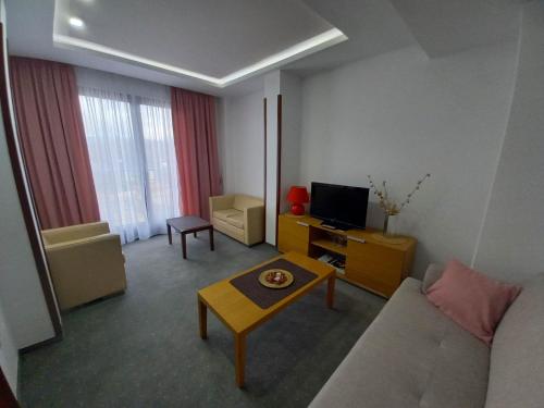 Una sala de estar con un sofá y un televisor. en Hotel Vukov Most, en Nikšić
