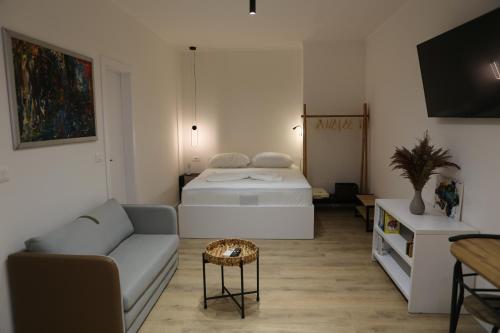 ein Wohnzimmer mit einem Bett und einem Sofa in der Unterkunft Blloku Studio Apartament in Tirana