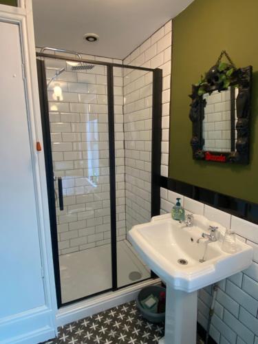 een badkamer met een douche en een wastafel bij Dracula Rooms in Whitby
