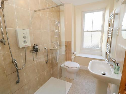 a bathroom with a shower and a toilet and a sink at East Farmhouse Cottage in Humshaugh