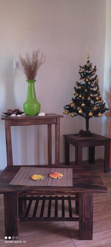a christmas tree sitting on two tables with a green vase at Cafofo SE RESERVA CON SEÑA in Barra del Chuy