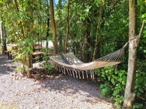 a hammock hanging from a tree in a forest at La Escondida Pucon in Pucón