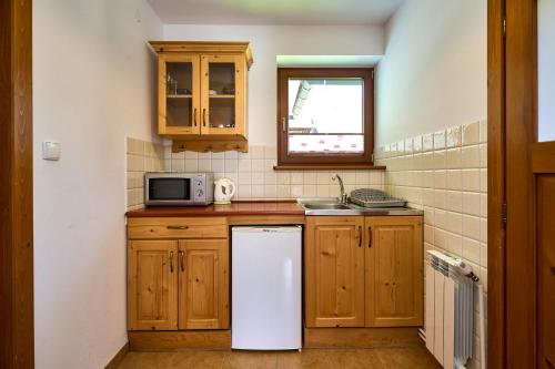 a small kitchen with a refrigerator and a microwave at Goga in Zakopane