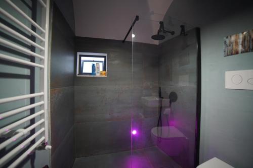 a bathroom with a shower and a toilet with purple lights at MIMAR Casa Vacanze Charme ed Eleganza in Maruggio