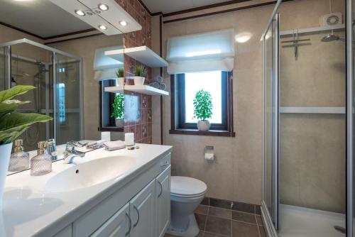 een badkamer met een wastafel, een toilet en een douche bij Spacious modern apartment, close to nature in Tromsø
