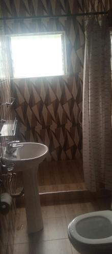 Wli AfegameにあるWli Waterfalls Inn,My Home Your Homeの洗面台と窓のあるバスルーム
