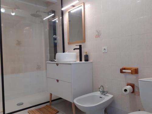 une salle de bain avec un lavabo, des toilettes et un miroir dans l'établissement Villa Patio pour 6 avec Piscine et Parking Privé, à 2000m des Plages de Capbreton - FR-1-239-748, à Capbreton