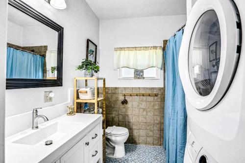 a bathroom with a sink and a toilet and a mirror at River Cottage in Edgewater