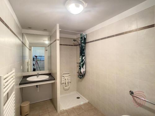 une salle de bain avec un lavabo et une douche dans l'établissement Bel F2 climatisé avec terrasse, proche Thermes et centre-ville, animaux acceptés - FR-1-451-154, à Lamalou-les-Bains