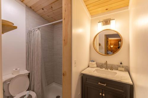 y baño con lavabo, ducha y espejo. en Hidden Cabin on Old Field Creek, en Fleetwood