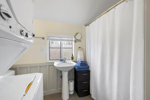 uma casa de banho com um lavatório e uma cortina de chuveiro em Ramble On em Fayetteville