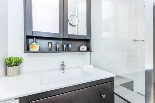 uma casa de banho com um lavatório e um espelho em Zoo View Apartment - EXECUTIVE ESCAPES em Perth