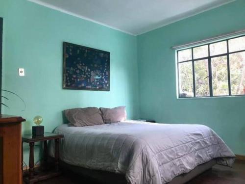 Dormitorio azul con cama y ventana en Departamento en Colonia Roma con 2 habitaciones, en Ciudad de México