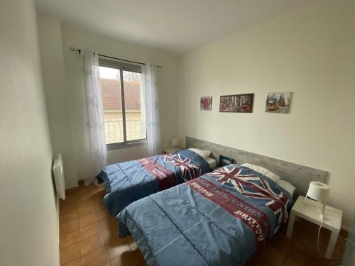 zwei Betten in einem Zimmer mit Fenster in der Unterkunft Appartement T3 Centre-ville La Roche-Posay, Balcon, Wi-Fi, Proximité Thermes et Commerces - FR-1-541-76 in La Roche-Posay