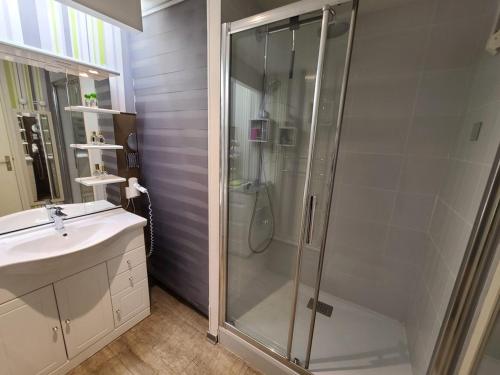 a bathroom with a glass shower and a sink at Gîte Remiremont, 3 pièces, 4 personnes - FR-1-589-132 in Remiremont