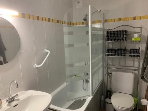 a bathroom with a shower and a toilet and a sink at Appartement Mont-Dore, 2 pièces, 5 personnes - FR-1-415-114 in Le Mont-Dore