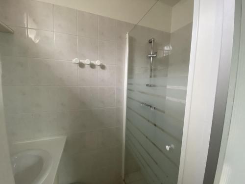 y baño con ducha y lavamanos. en Appartement La Roche-Posay, 2 pièces, 3 personnes - FR-1-541-72, en La Roche-Posay