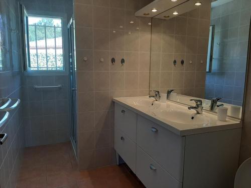 y baño con lavabo y espejo. en Villa Messanges, 5 pièces, 8 personnes - FR-1-239-629, en Messanges