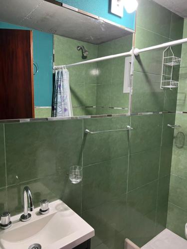 y baño con ducha, lavabo y espejo. en Casa Ostende en Ostende