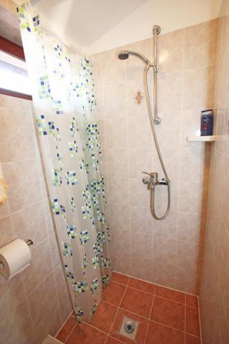a bathroom with a shower with a shower curtain at Family Friendly Apartments in Pula