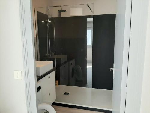 La salle de bains est pourvue d'un miroir, d'un lavabo et de toilettes. dans l'établissement Appartement Confortable en Plein Centre de Saint-Jean-de-Luz, à Deux Pas de la Plage et des Commerces - FR-1-239-586, à Saint-Jean-de-Luz