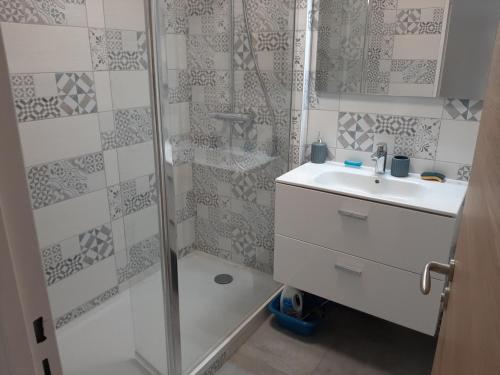 une salle de bain avec douche et lavabo dans l'établissement Appartement T3 rénové à 10 min du centre-ville avec balcon, garage et WIFI à Saint-Jean-de-Luz - FR-1-239-584, à Saint-Jean-de-Luz