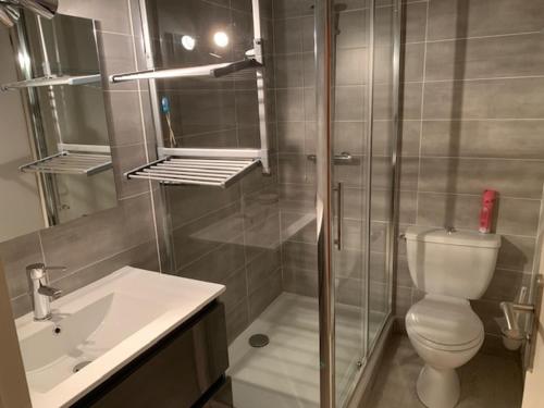 une salle de bain avec une douche, des toilettes et un lavabo dans l'établissement F2 bis tout confort avec balcon au pied des pistes, parking et local à skis, Mont-Dore - FR-1-415-100, à Le Mont-Dore