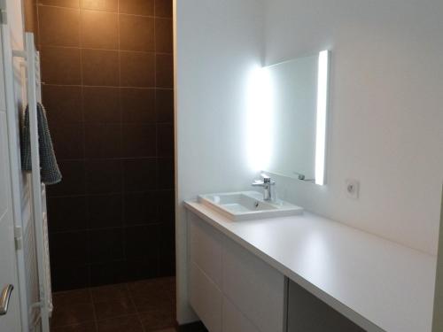 ラ・トランシュ・シュル・メールにあるAppartement 2-6 pers, jardin, plage, piscine, parking, animaux admis - FR-1-194-223の洗面台と鏡のあるバスルーム