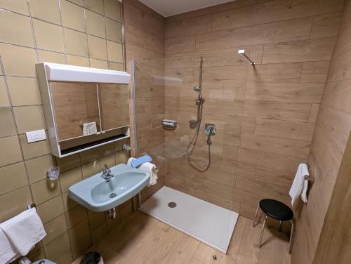 ein Bad mit einem Waschbecken und einer Dusche in der Unterkunft Residence Tempele in Innichen