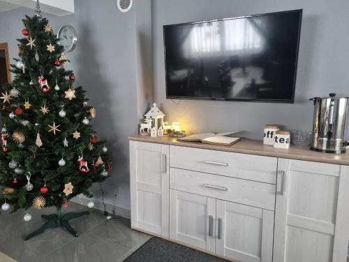 a christmas tree in a living room with a tv at Pokoje u Hani - sauna, balia z hydromasażem in Bukowina Tatrzańska