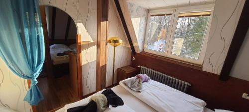 a small room with a bed and a window at Hotel Panorama in Jáchymov