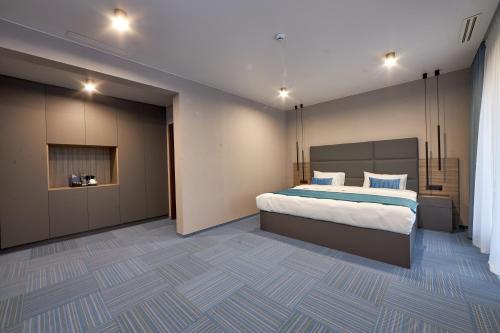 a bedroom with a large bed and a tv at Спа-готель ПОЛО-МЕДЛАЙФ in Kremenchuk