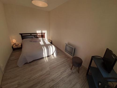 1 dormitorio con 1 cama y TV de pantalla plana en Appartement La Roche-Posay, 3 pièces, 4 personnes - FR-1-541-10, en La Roche-Posay