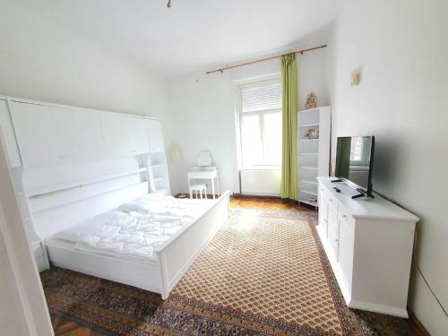 una camera bianca con letto e televisore di Diana’s Apartment a Arad