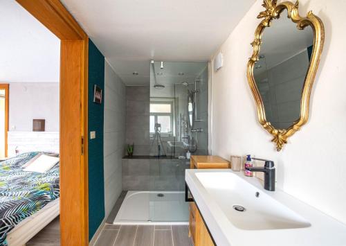 een badkamer met een wastafel en een spiegel bij gîte la Fonderie in Fréland