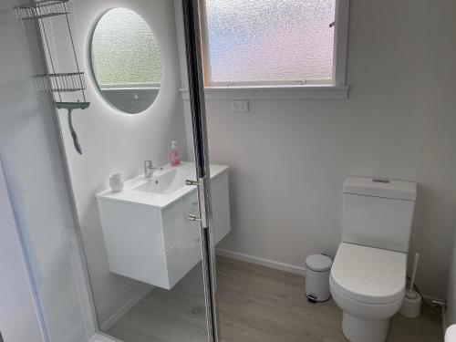bagno con servizi igienici, lavandino e specchio di Sounds Good - Waikawa Holiday Home and Berth a Picton