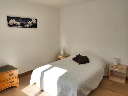 1 dormitorio con 1 cama blanca y 2 mesitas de noche en Appartement Ascain, 3 pièces, 4 personnes - FR-1-239-504, en Ascain