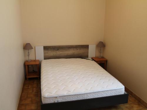 ein Bett in einem Zimmer mit zwei Lampen auf Tischen in der Unterkunft T2 lumineux au centre-ville de La Roche-Posay, proche thermes, avec Wi-Fi et lave-linge - FR-1-541-1 in La Roche-Posay