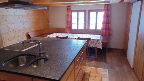 a kitchen with a sink and a table in a room at Schwarzwaldstube in Titisee-Neustadt