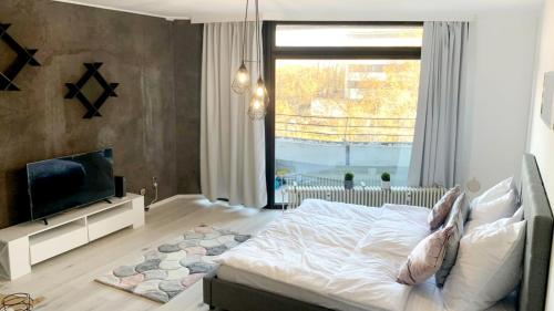 ein Schlafzimmer mit einem großen Bett und einem TV in der Unterkunft ✪ Beautiful Studio in Center with Amazing View ✪ in Mannheim