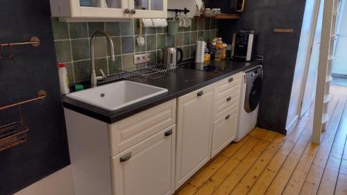 a kitchen with a sink and a washing machine at The Spot Apartment in Prague