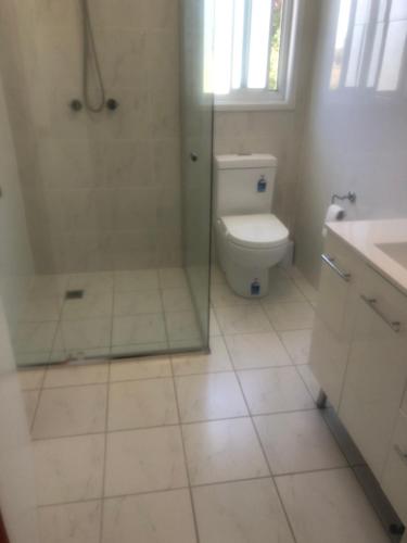 a bathroom with a toilet and a glass shower at Branxton Baybrook Apartment in Branxton