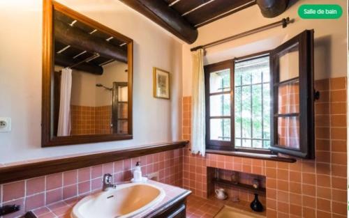 La salle de bains est pourvue d'un lavabo et d'un miroir. dans l'établissement Le Mas du Goïo, à Seillans