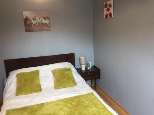 勒蒙多爾的住宿－Appartement Mont-Dore, 2 pièces, 2 personnes - FR-1-415-83，一间卧室配有一张带两个黄色枕头的床