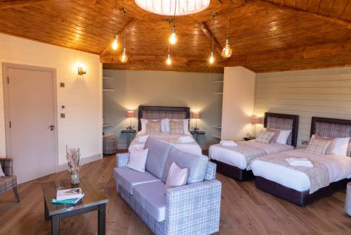 duża sypialnia z 2 łóżkami i kanapą w obiekcie Wildlands Galway w mieście Moycullen