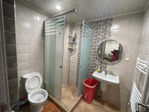 a bathroom with a toilet and a sink and a mirror at Residence safwa in Oran