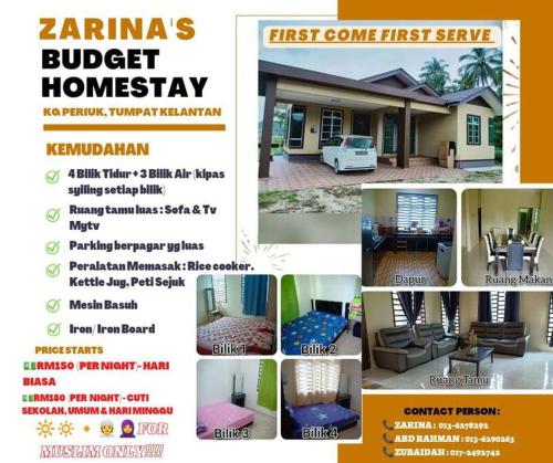 a flyer for a first come first serve house at Zarina's Budget Homestay in Tumpat