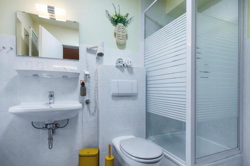 ein Bad mit einer Dusche, einem WC und einem Waschbecken in der Unterkunft Hotel Kunterbunt - by homekeepers in Würzburg