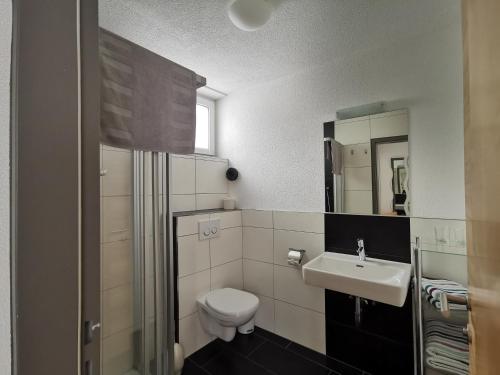 a white bathroom with a toilet and a sink at Appartement Falkner Manuel in Niederthai