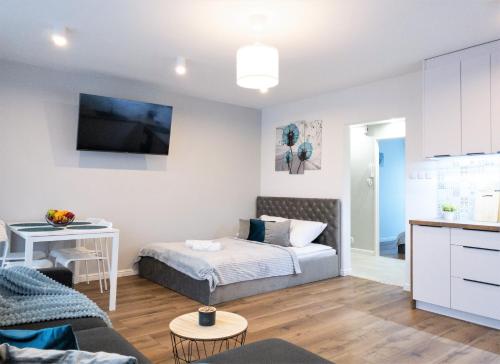Posteľ alebo postele v izbe v ubytovaní Apartament Skandynawski